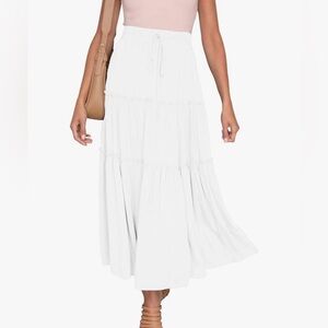 Boho White Elastic High Waisted Maxi Skirt